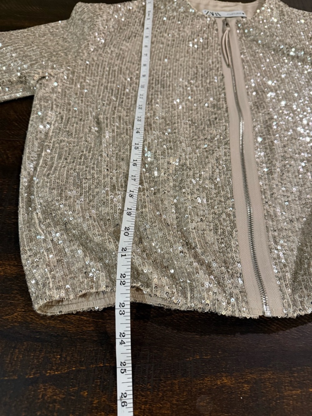 Zara Silver Sequin Bomber Jacket Champagne Zip Front L - Picture 6 of 12